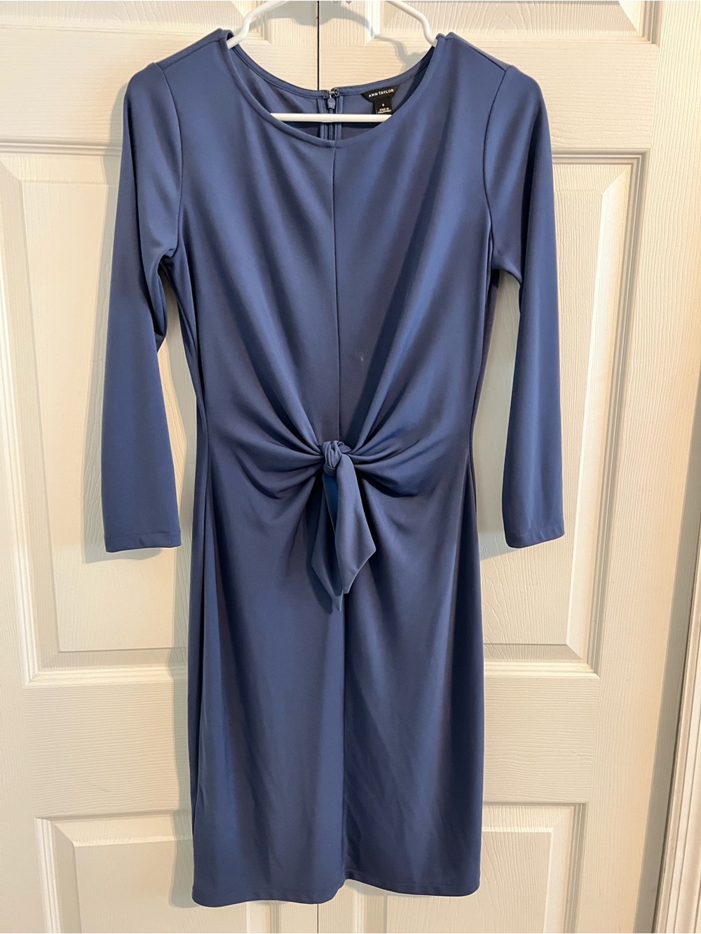 Ann Taylor Steel Blue Long-Sleeve Knot-Front Midi Dress